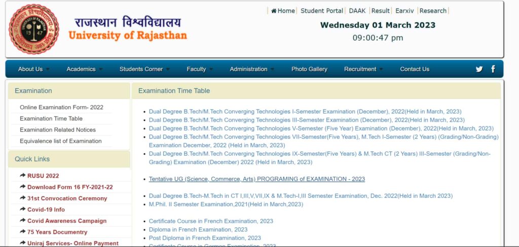 Download Rajasthan University BA Bsc Bcom Exam Time Table 2023